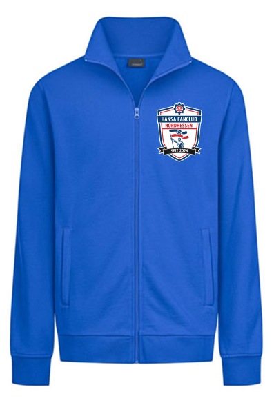 Zipperjacke mit Stehkragen "Hansa Fanclub Nordhessen" - royalblau - Brustlogo und Rücken groß"